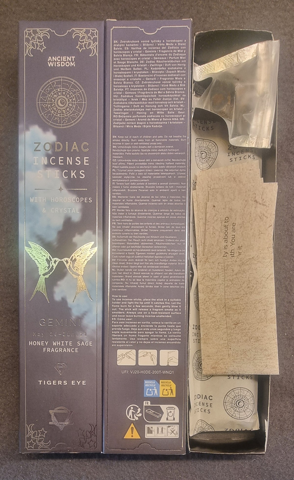Zodiac Incense Sticks – Gemini / Tvillingene – Honey White Sage & Tigerøye