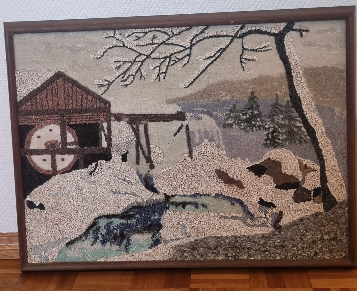 Mineralmosaikk – vinterlandskap med vannmølle – 86 × 64,5 cm