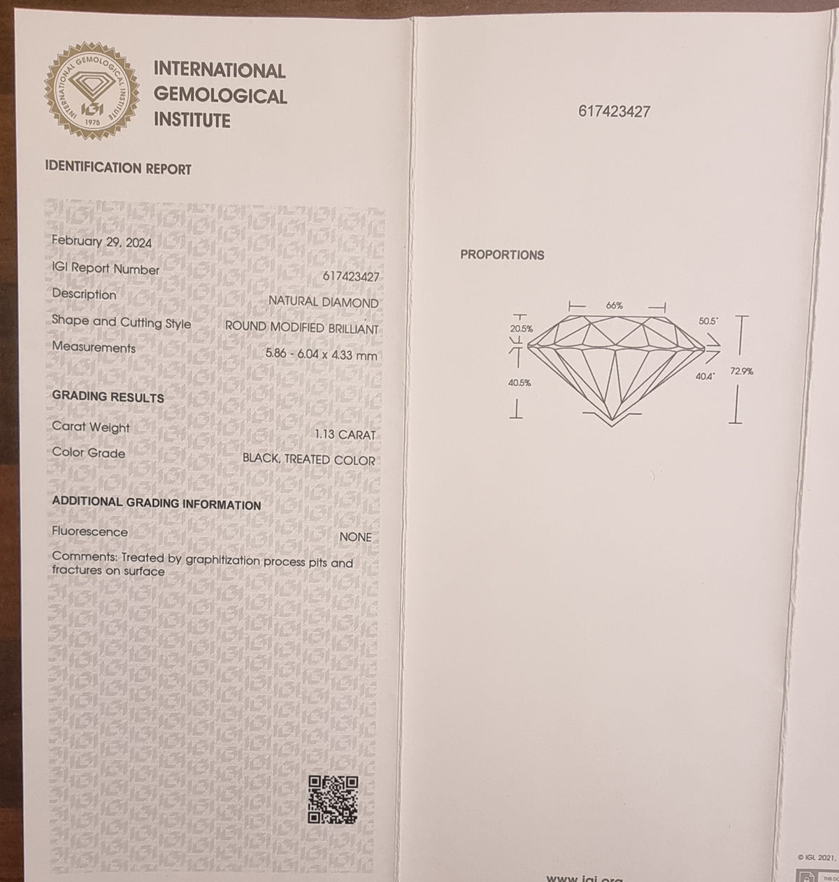 Naturlig svart diamant – 1,13 ct – IGI-sertifisert