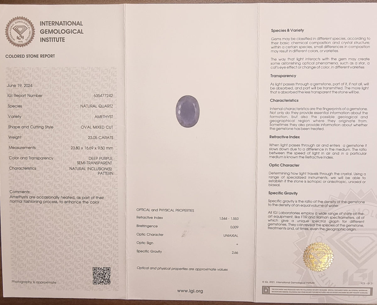 Stor naturlig ametyst – 23,05 ct – Deep Purple – IGI