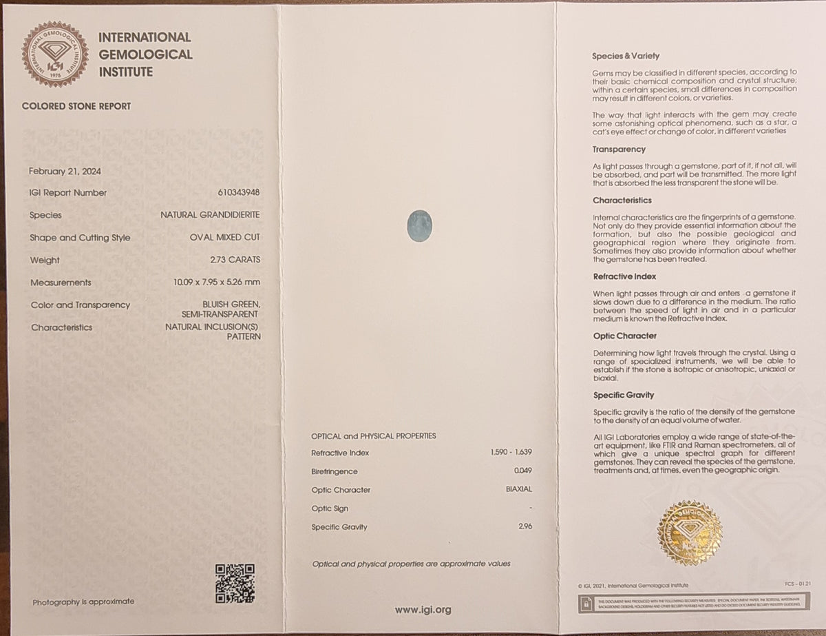 Naturlig grandidierite – 2,73 ct – IGI-sertifisert
