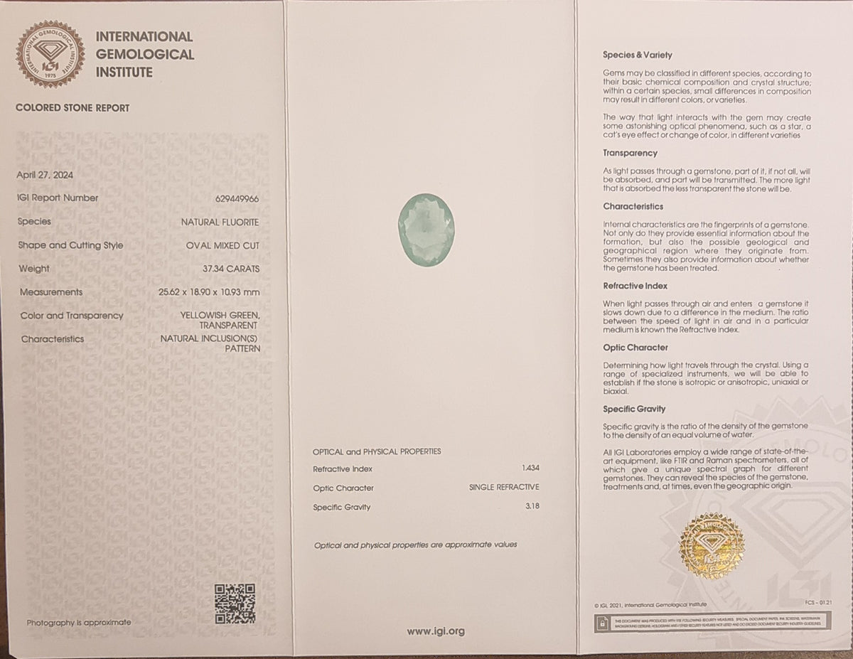 Naturlig gulgrønn fluoritt – 37,34 ct – IGI-sertifisert