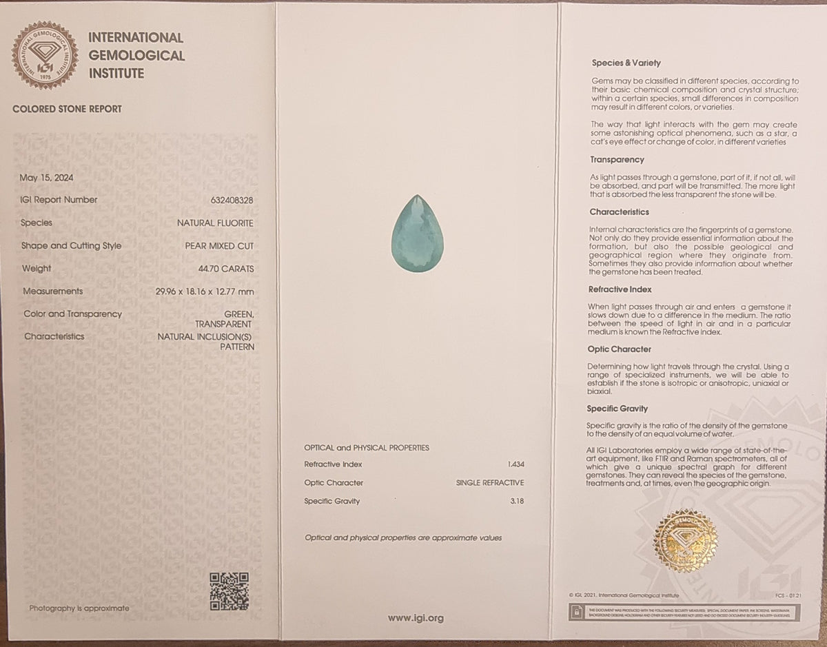 Naturlig grønn fluoritt – 44,70 ct – IGI-sertifisert