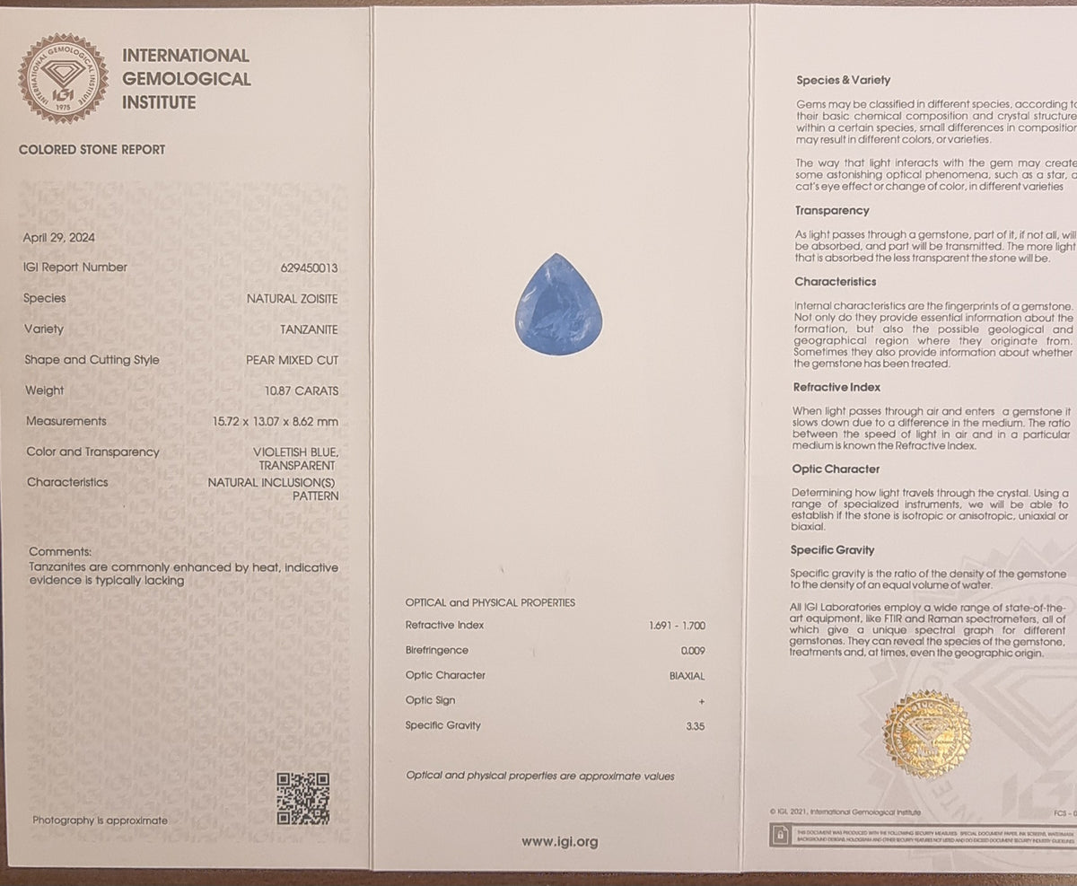 Naturlig tanzanitt – 10,87 ct – IGI-sertifisert
