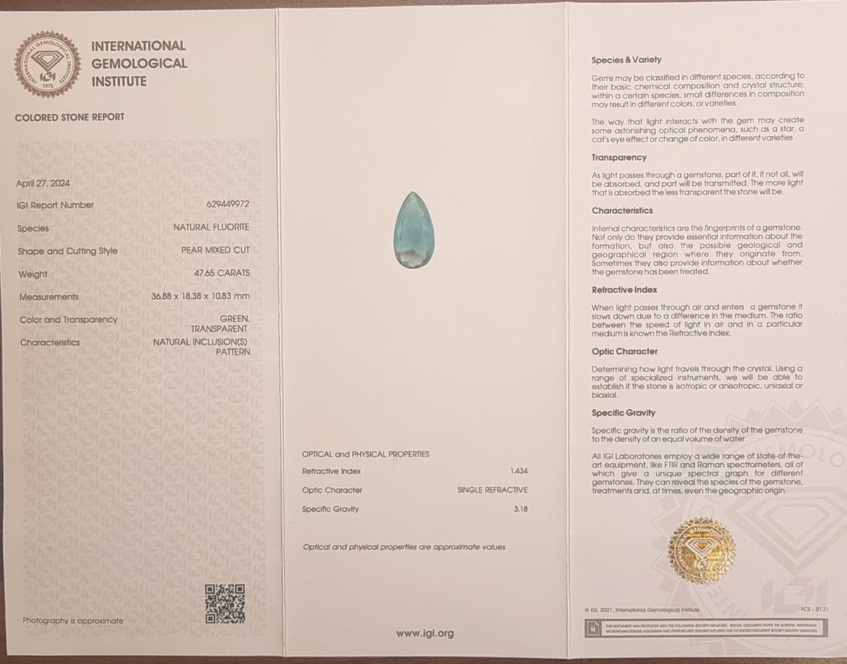 Naturlig grønn fluoritt – 47,65 ct – IGI-sertifisert