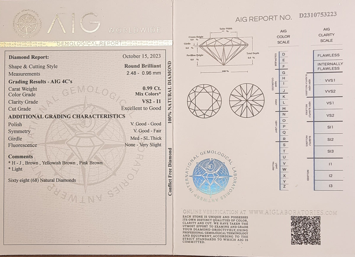 68 naturlige diamanter – 0,99 ct totalt – AIG-sertifisert og forseglet