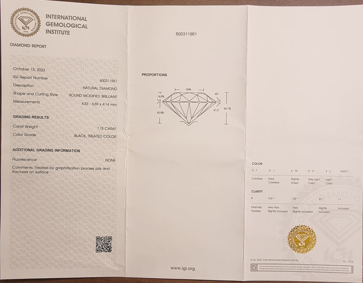 Naturlig svart diamant – 1,15 ct – fargebehandlet – IGI