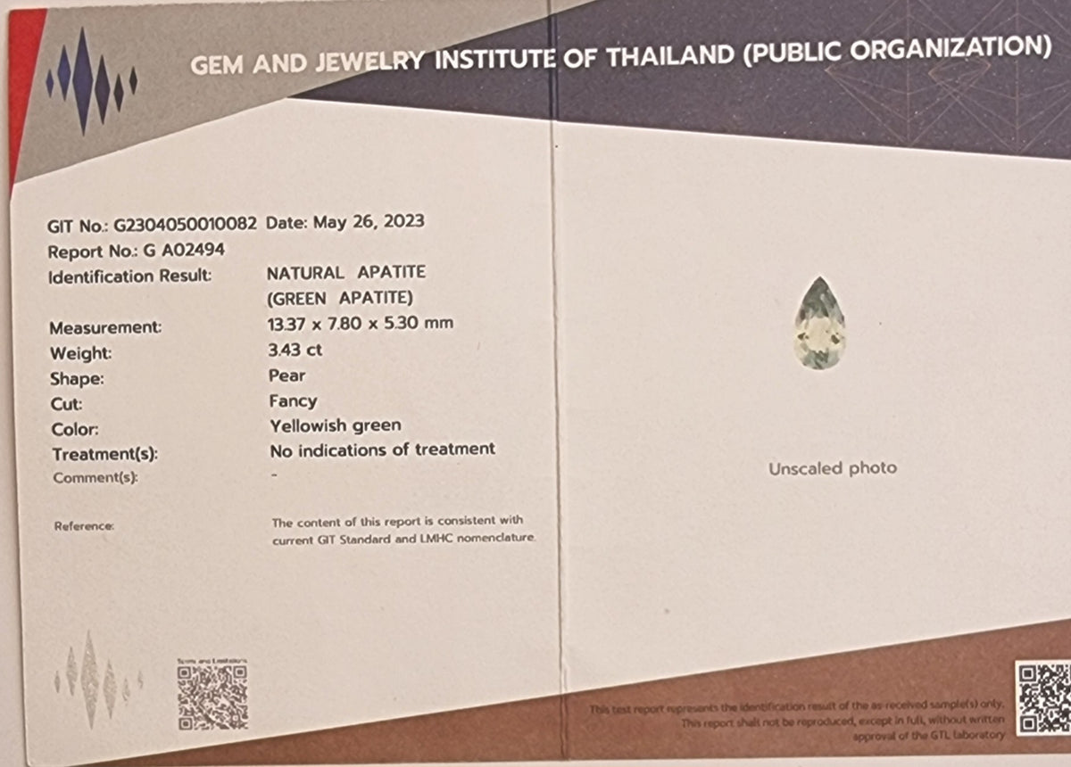 Naturlig grønn apatitt 3,43 ct – GIT-sertifisert