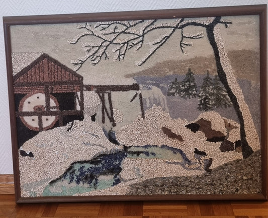 Mineralmosaikk – vinterlandskap med vannmølle – 86 × 64,5 cm
