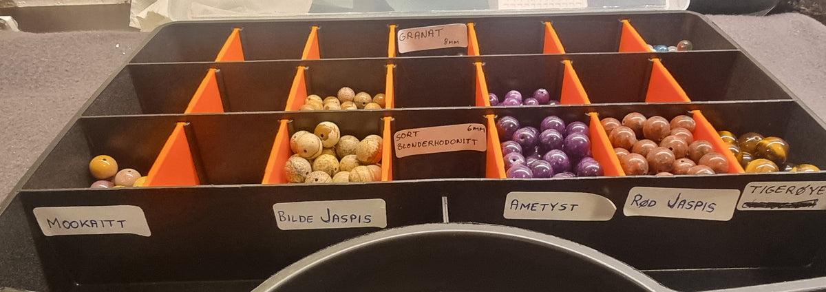 Steinperler til smykkelaging – Mookaitt, bildejaspis, granat, ametyst, rød jaspis og tigerøye