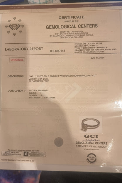 Diamantring – 1,01 ct naturlig diamant – D/SI1 – 14K hvitt gull – GCI