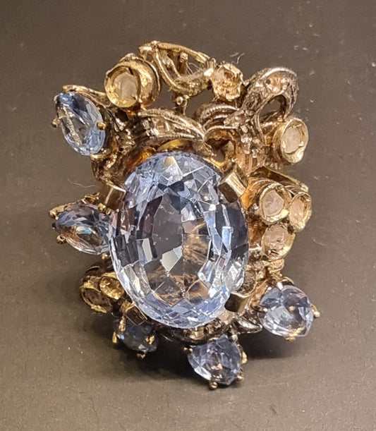 Blå topas- og diamantring – 11,75 ct – 9K gull og sølv