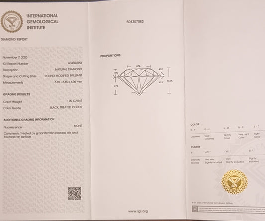 Naturlig svart diamant – 1,09 ct – IGI-sertifisert