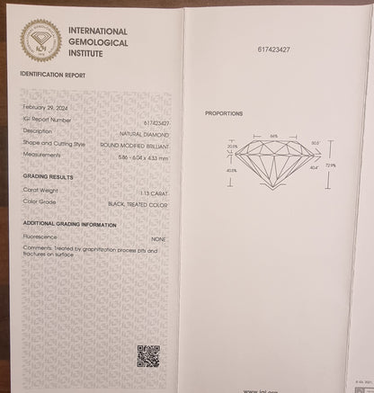Naturlig svart diamant – 1,13 ct – IGI-sertifisert