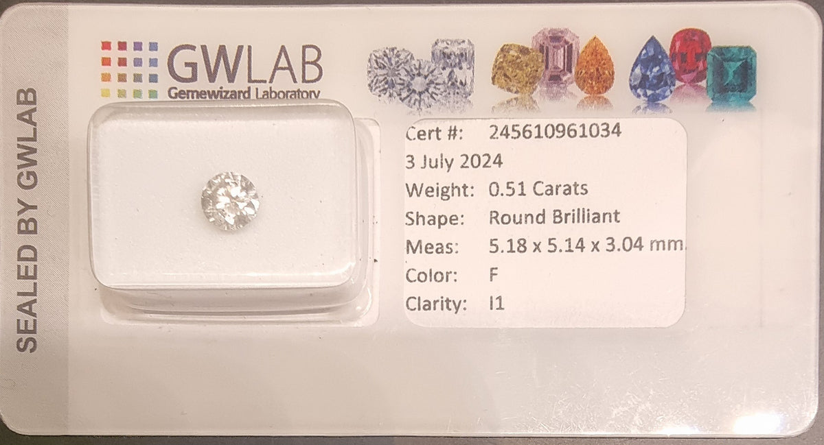 Naturlig diamant 0,51 ct – F / I1 – GWLab