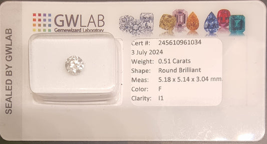 Naturlig diamant 0,51 ct – F / I1 – GWLab