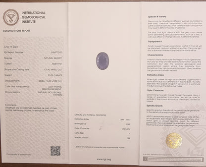 Stor naturlig ametyst – 23,05 ct – Deep Purple – IGI