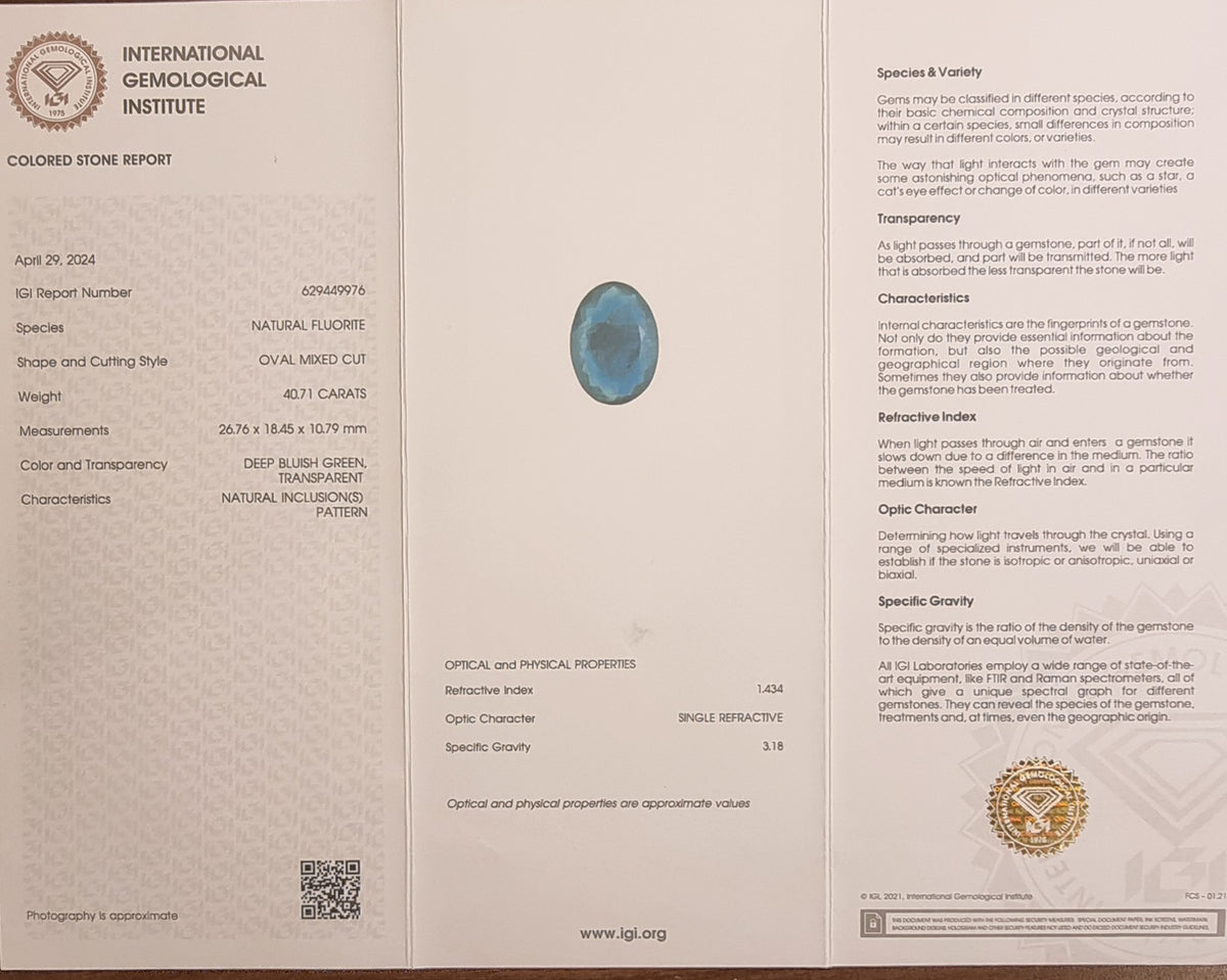Naturlig blågrønn fluoritt – 40,71 ct – IGI