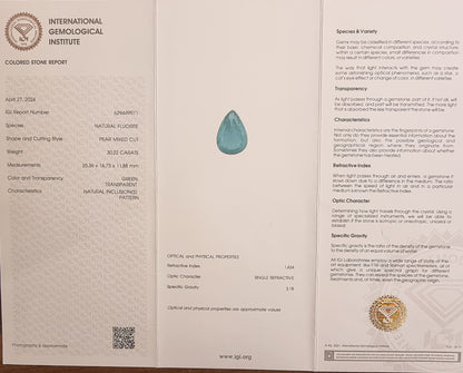 Naturlig grønn fluoritt – 30,22 ct – IGI-sertifisert