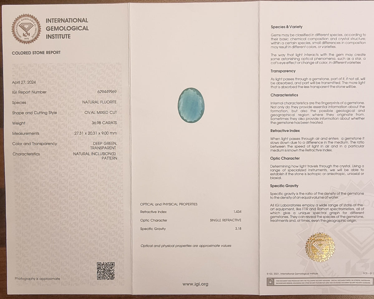 Naturlig dypgrønn fluoritt – 36,98 ct – IGI-sertifisert