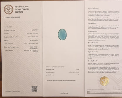Naturlig dypgrønn fluoritt – 36,98 ct – IGI-sertifisert