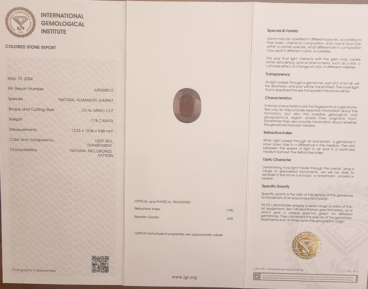 Naturlig almandingranat – 7,78 ct – IGI-sertifisert