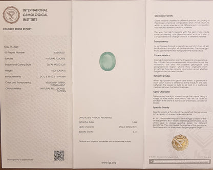 Naturlig gulgrønn fluoritt – 44,09 ct – IGI-sertifisert
