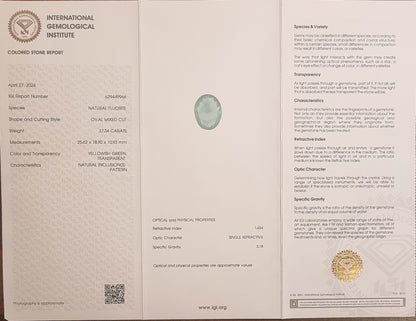 Naturlig gulgrønn fluoritt – 37,34 ct – IGI-sertifisert
