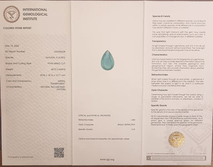 Naturlig grønn fluoritt – 44,70 ct – IGI-sertifisert
