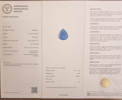 Naturlig tanzanitt – 10,87 ct – IGI-sertifisert