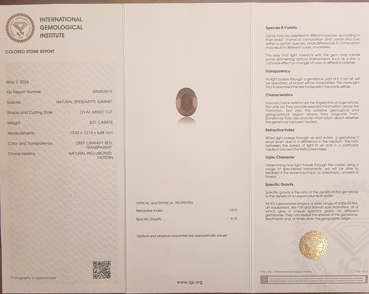 Naturlig spessartingranat – 8,07 ct – IGI-sertifisert
