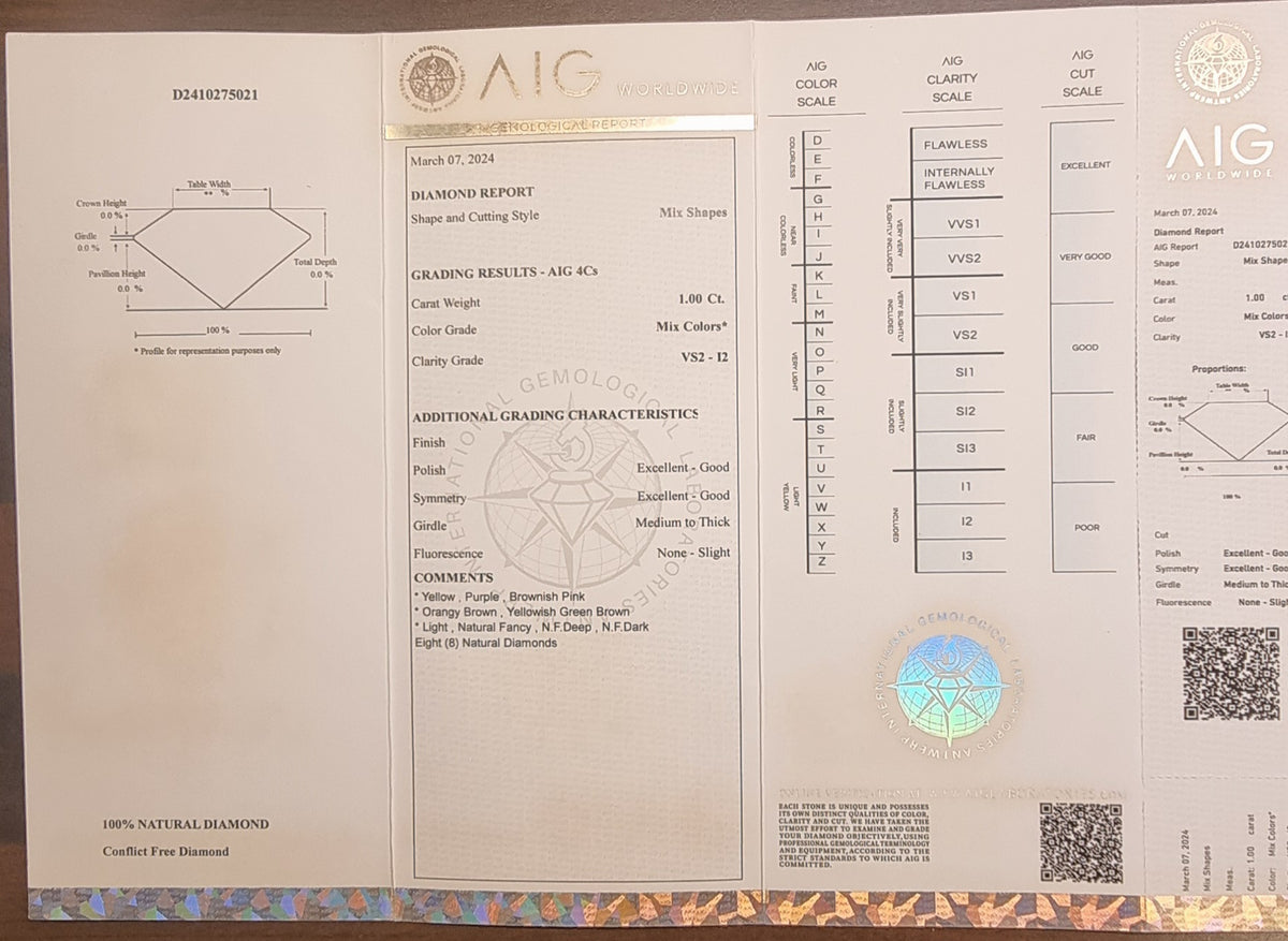 8 naturlige fargede diamanter – totalt 1,00 ct – AIG-rapport