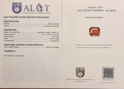 Naturlig hessonittgranat – 3,52 ct – Vivid Orange – ALGT-sertifisert