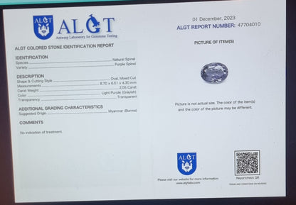 Naturlig lys lilla spinell – 2,05 ct – Myanmar oppgitt i ALGT-rapport