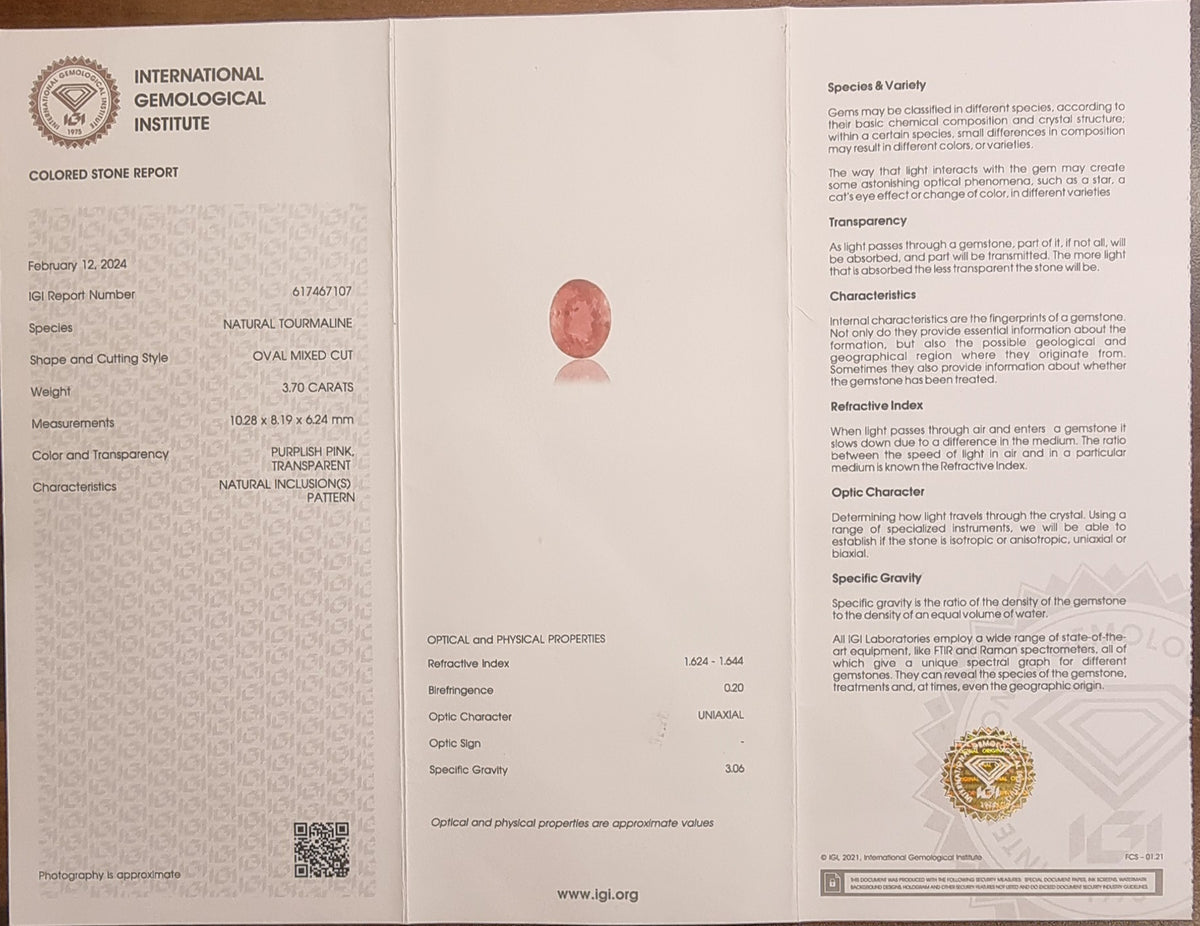 Naturlig purpurrosa turmalin – 3,70 ct – IGI-sertifisert