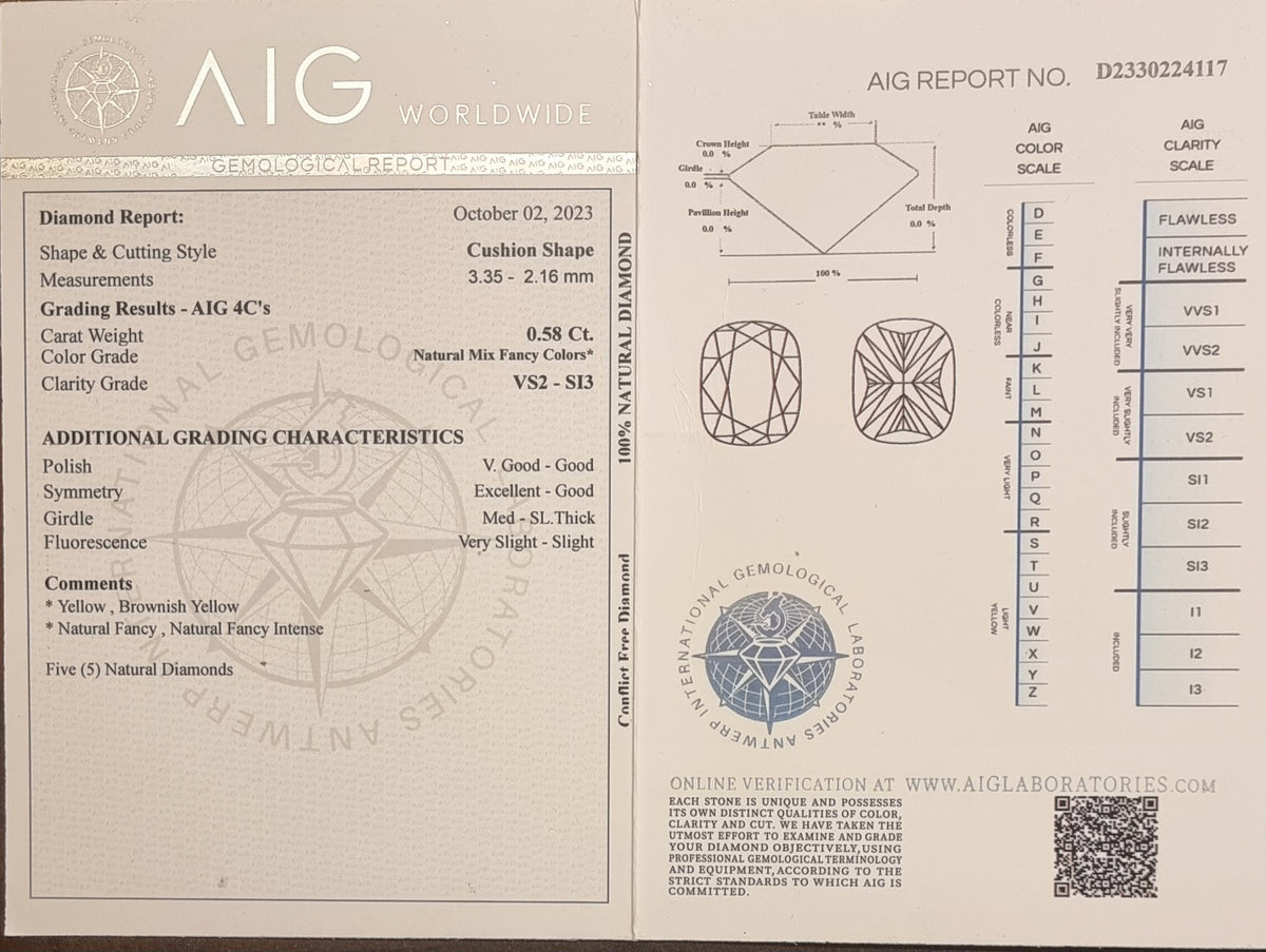 5 naturlige gule diamanter – 0,58 ct – Natural Fancy Colors – AIG