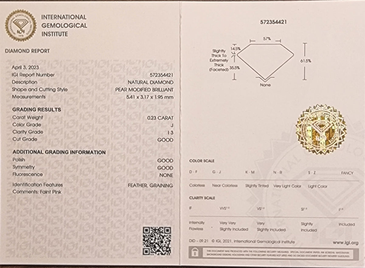 Naturlig diamant 0,23 ct – pæreslipt – J / I3 – Faint Pink – IGI