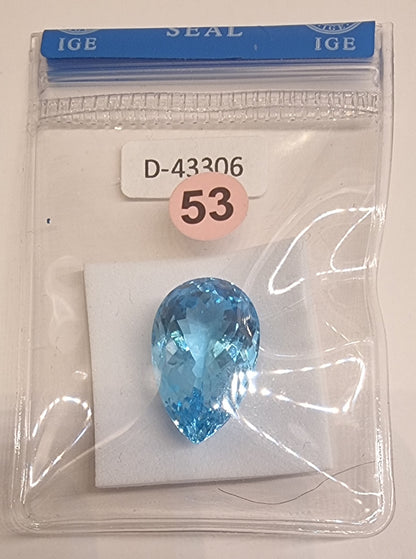 NATURLIG BLÅ TOPAS – PÆRESLIPT – 23,16 CT – IGE-RAPPORT