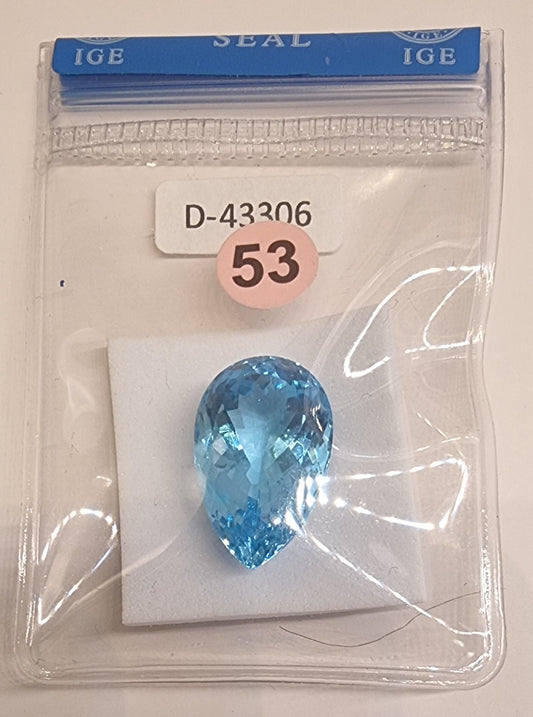 NATURLIG BLÅ TOPAS – PÆRESLIPT – 23,16 CT – IGE-RAPPORT