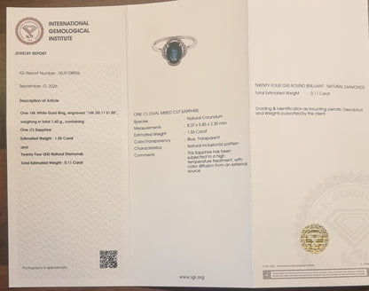 NATURLIG BLÅ SAFIR OG DIAMANTER – RING I 14 KARAT HVITT GULL – 1,66 CT – IGI-RAPPORT